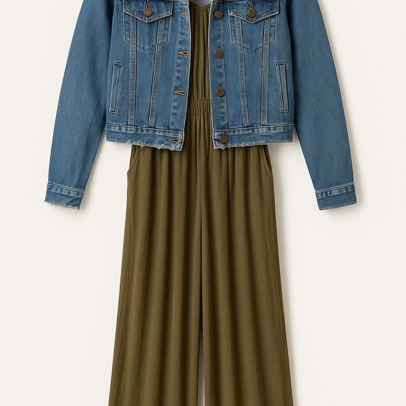 Boom Boom Jeans Distressed Denim Jacket (L) + Derek Heart Olive Green Romper (M) - Picture 2 of 4